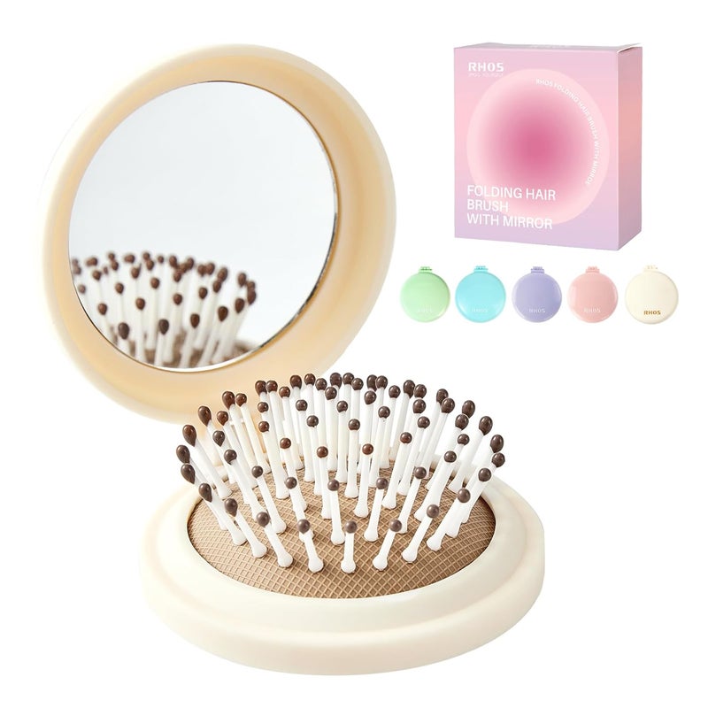 RHOS Compact Foldable Hair Brush with Mirror for Women, Men & Kids - Small Pocket & Portable Travel Brush (Beige) - Image 1